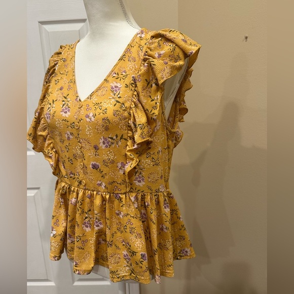 Melloday Mustard Floral Ruffle Peplum Top Size Medium - Picture 4 of 6